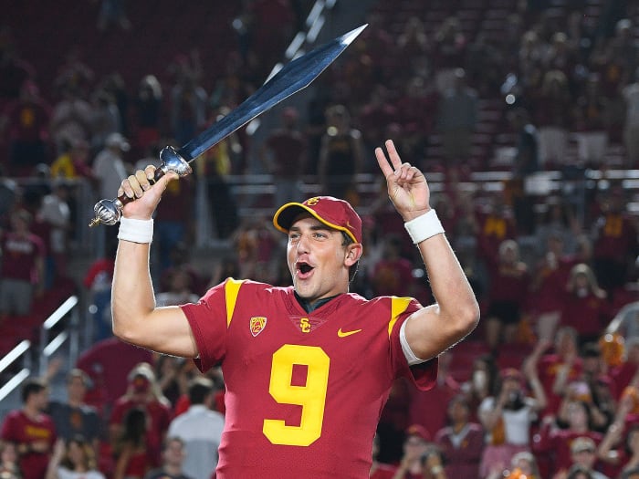 Backup QB Kedon Slovis celebrates USC's win over Stanford.